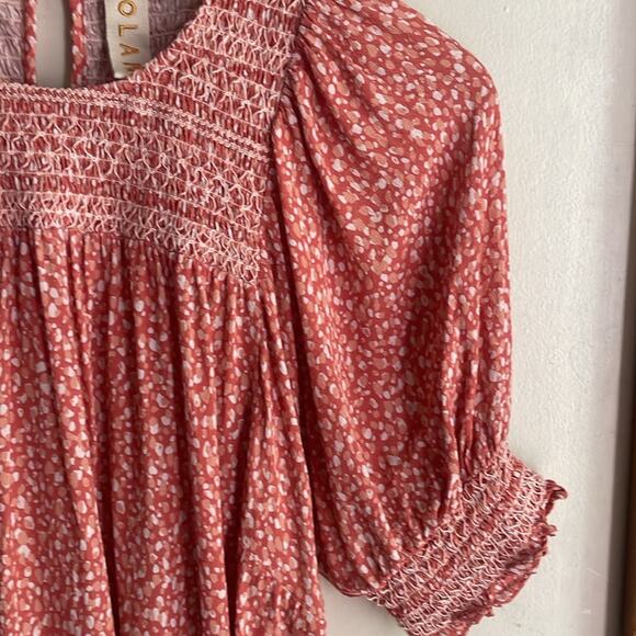 Anthropologie DOLAN Collection Rebecca Smocked Blouse Orange Motif - Picture 5 of 15